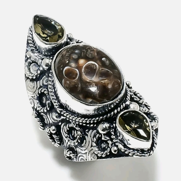 New Turtella Agate Fossil and Smoky Quartz 925 Silver Statement Ring. - Picture 16 of 16